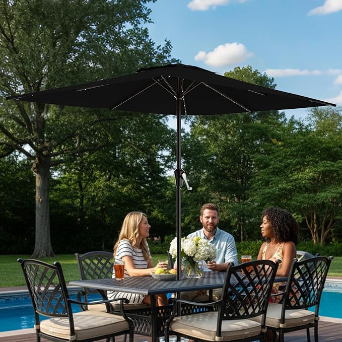 AreShark 8' X 10' Rectangular Patio Umbrella with Solar Lights, Lighted Solar Umbrella with Crank, Outdoor Table Umbrella for Garden, Deck, Backyard, Pool and Beach, Black