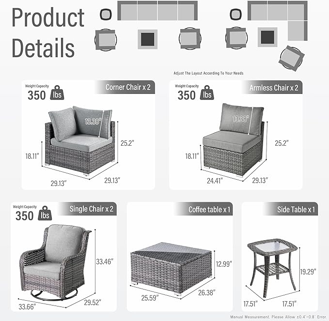 HOOOWOOO Patio Outdoor Sectional Furniture Sofa Set with Swivel Chairs,8 Piece L Shaped Corner Wicker Rattan Couch Set with Glass Table,Modern 6 Persons Summer Patio Conversation Set(Charcoal Gray)