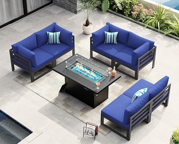 NICESOUL 7 Pcs Large Modern Aluminum Outdoor Patio Furniture Set with Fire Pit Table Propane/Gas, 29" Wide Deep Seat, Fade Resistant Sectional Sofa, 500 lbs Sturdy Backyard Conversation Set, Navy Blue