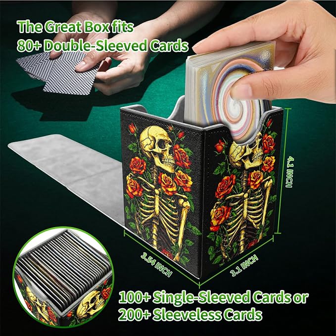 Deck Box for MTG, Cards Storage Box Fits 120+ Sleeved, Leather Medium Size Strong Magnetic Closing Card Case for Board Games Magic TCG CCG Baseball Collection, Skull Red Rose