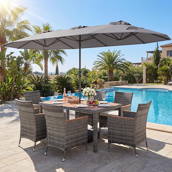 Tangkula 9 Piece Rattan Outdoor Dining Set with 13Ft Umbrella for 6, Outdoor Wicker Table Set with 6 Cushioned Armchairs, Acacia Wood Top, Outdoor Umbrella & with Base Included