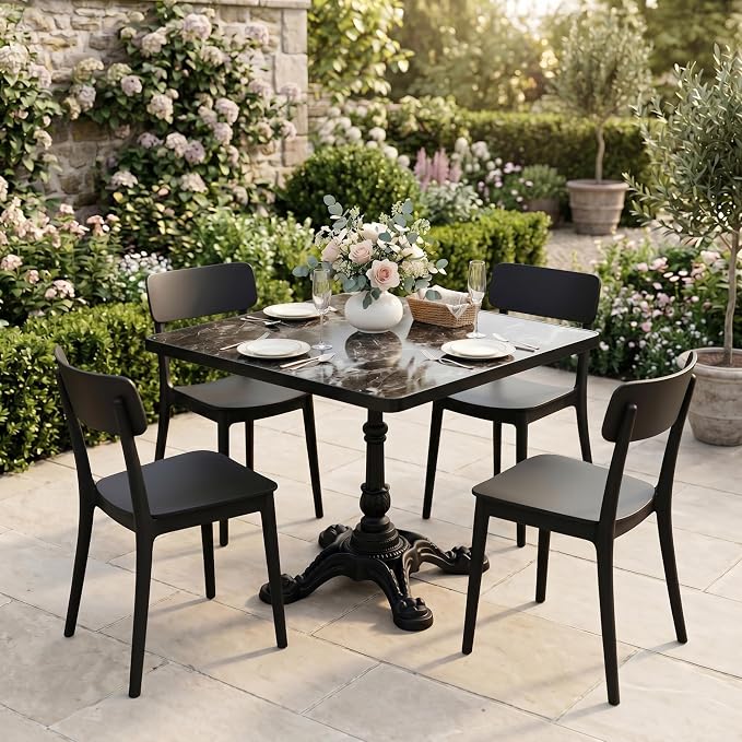 31.5" Square Outdoor Patio Dining Bistro Table, Sintered Stone Top | Glossy sintered stone top, cast iron tulip base, compact size for patio, balcony, garden, or café use, 2-4 People Dining