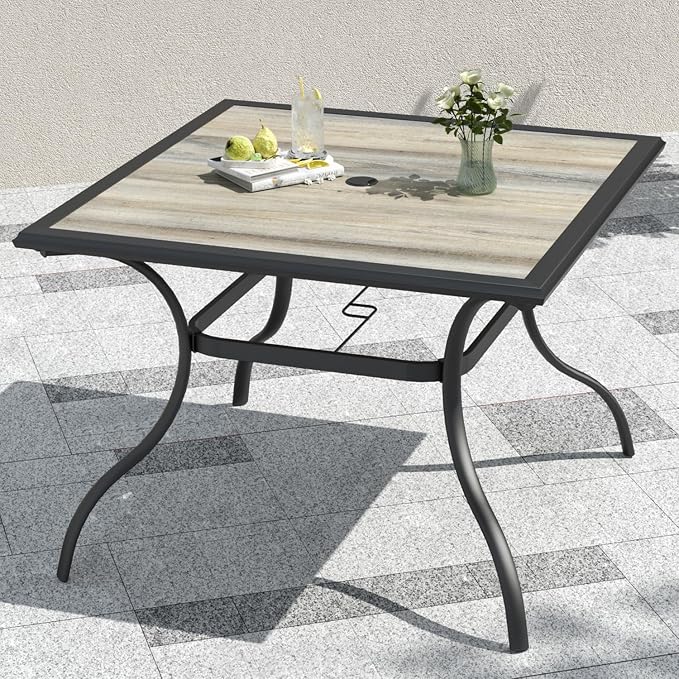 37" Square Outdoor Patio Dining Table with PVC Table Top, Black Metal Frame