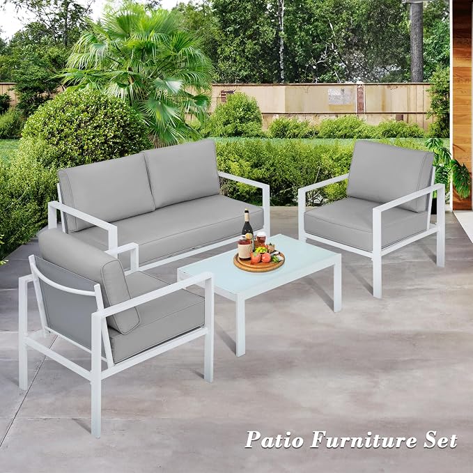 Athena Collection 4 Pieces Outdoor Patio Furniture Set, Metal Outdoor Table and Chairs Loveseat with Cushion, Patio Sofa Conversation Set Balcony Furniture for Garden, Porch, Backyard, Grey