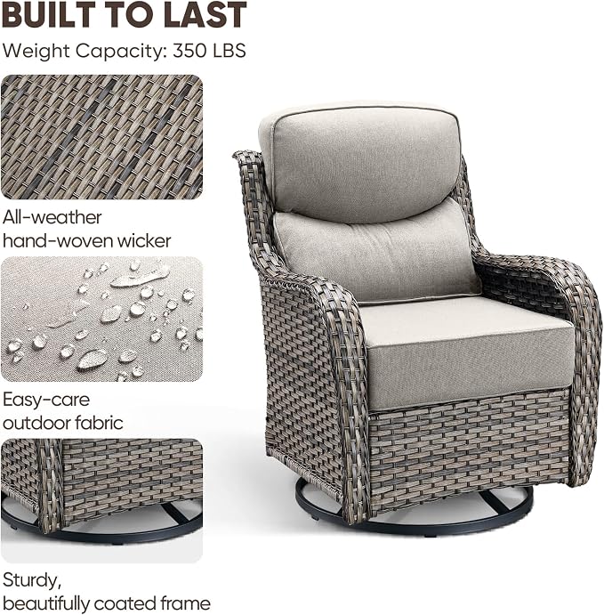 Swivel Patio Chairs sofa Set of 4 with 6" Thick Cushion - Wicker Outdoor Swivel Rocker Patio Chair with Side Table, High Back Comfortable Outdoor Glider Chairs - Grey Wicker | Beige Cushions