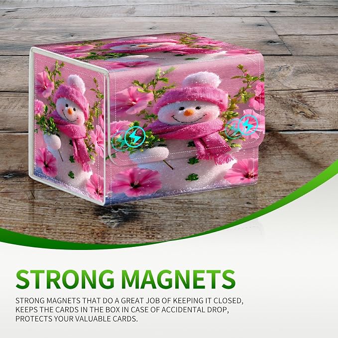 Card Deck Box for MTG, Cards Storage Box Fits 120+ Sleeved, Leather Small Size Strong Magnetic Closing Card Case for Board Games Magic TCG CCG Baseball Collection, Pink Flower Snowman