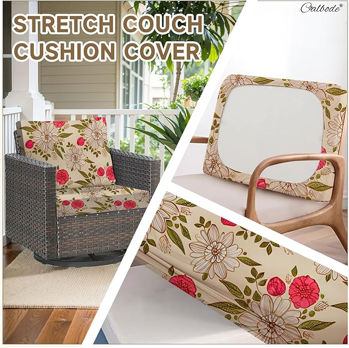 CALBODE 12Pcs Stretch Patio Cushion Cover, Floral Couch & Sofa Slipcovers for Patio Furniture Cushions Washable Reusable Couch Covers Replacement for All-Season (Rosy Pink Floral,Cover Only)