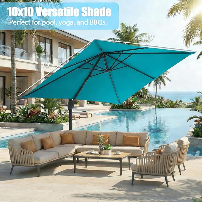 GarveeLife Large Cantilever Patio Umbrella, 10 ft X 10 ft Heavy Duty Aluminum Cantilever Offset Outdoor Umbrella with 360-Degree Rotation for Backyard, Deck, Pool (Turquoise Blue)