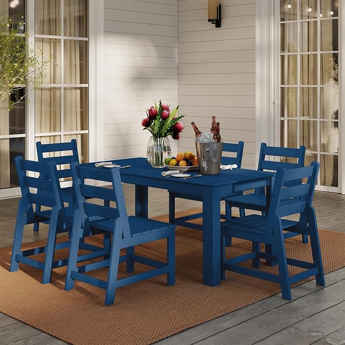 GREENVINES 7 Piece HDPE Outdoor Patio Dining Set, Table and 6 Chairs, Blue