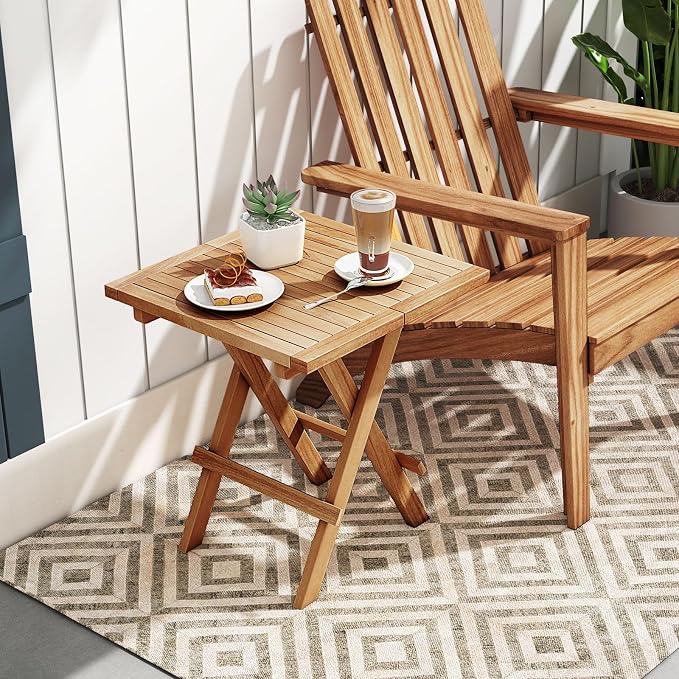 Tangkula Patio Folding Side Table, Teak Wood Square Patio Table with X-Shaped Legs & Slatted Tabletop, Portable & Compact Outdoor Indoor Use for Backyard, Deck, Lawn