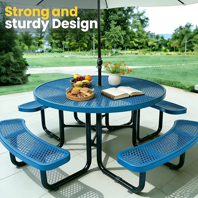 Garvee Heavy Duty Metal Picnic Tables for Outdoors with Umbrella Hole, 46" Round Top Patio Table Coated Steel Commercial Grade Furniture Set Weather & Rust Resistant (Expanded Steel, Blue)