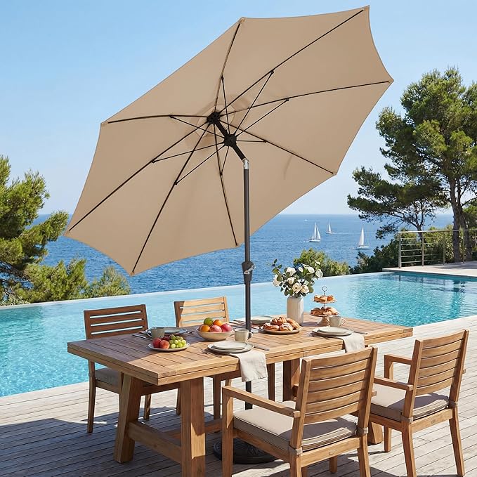 JEAREY 9FT Outdoor Patio Umbrella, Market Umbrella with 8 Fiberglass Ribs & Tilt/Crank, UV Protection & Wind-Resistant Pool Umbrella for Lawn Garden Deck Backyard, Cream Beige