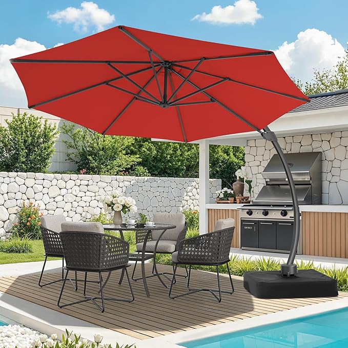 11 FT Outdoor Patio Umbrella with Base, Aluminium Curved Cantilever Umbrella, Large Round Hanging Offset Umbrella with Unlimited Position Adjustment and 360°Rotation for Market Garden Pool, Red