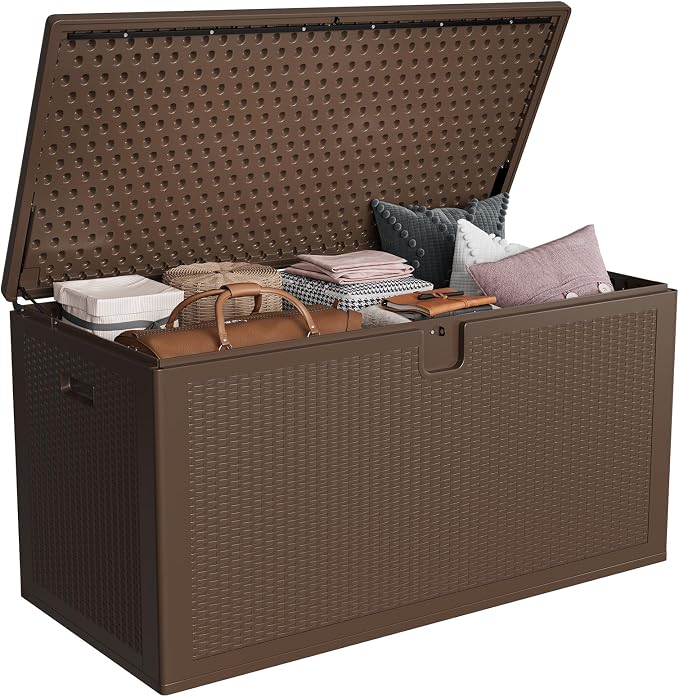 Takywep 150 Gallon Resin Outdoor Deck Storage Box, Weather Resistant Patio Storage Bin with Lockable Hinged Lid, Built-in Side Handles, Weight Bearing Bench Seat for Garden Pool Porch Supplies, Brown