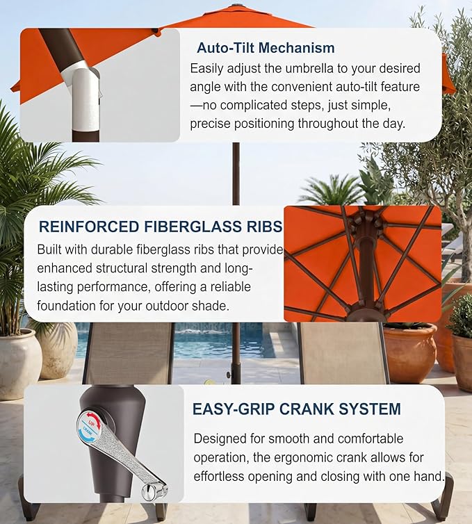 PatioKingdom Auto-Tilt 9FT Patio Umbrella Outdoor with 8 Sturdy Fiberglass Ribs,Market Table Umbrella for Pool,Backyard,Deck and Garden