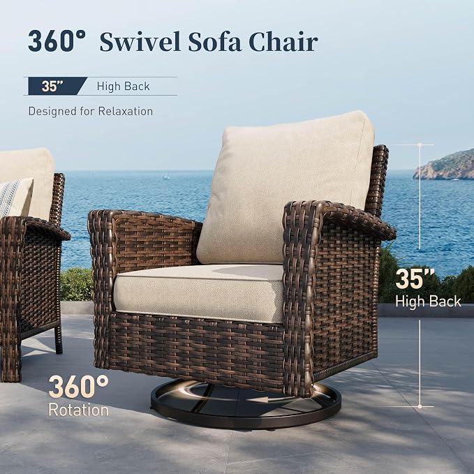 Patio Furniture Set with Swivel Chairs, High Back Wicker Rattan Furniture with 5.5" Thick Cushions & Fire Pit Table, All Weather Outdoor Conversation Set for Backyard Deck,4 Seats, Beige