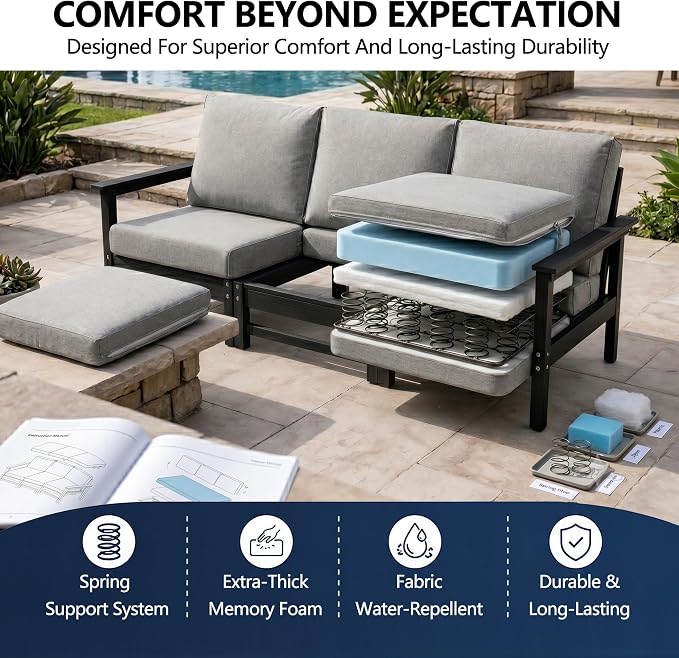 5-Piece Outdoor Patio Furniture Set, HDPE Conversation Set with 4 Ergonomic Armchairs & Large Coffee Table, Waterproof & UV-Resistant Outdoor Chairs with Cushions for Garden, Deck
