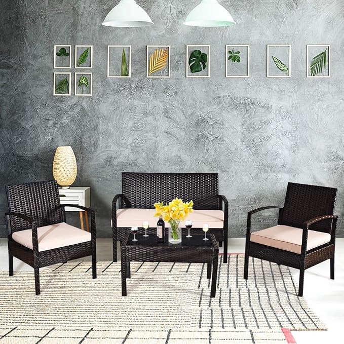 COSTWAY 4 PCS Patio Rattan Conversation Furniture Set Cushioned Seat Glass Tabletop
