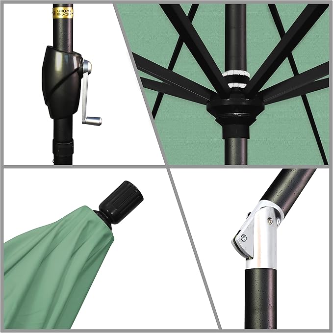 California Umbrella 9' Round Aluminum Market Umbrella, Crank Lift, Push Button Tilt, Black Pole, Pacifica