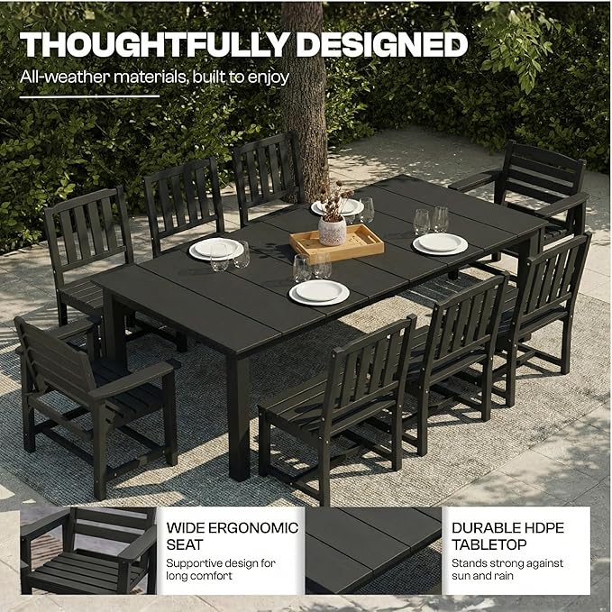 9-Piece Outdoor Dining Set for 8, 75.2" HDPE Table with Umbrella Hole & 8 Chairs, All-Weather Patio Furniture for Lawn, Yard, Deck, or Poolside, Fade & Crack Resistant (Black)