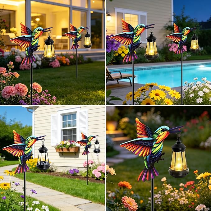 Solar Lights Hummingbird Garden Outdoor Decor, Hummingbird Stakes with Solar Lights, Mother's Day Birthday Gifts for Women Mom,Waterproof Metal Decorative Lights for Yard Art Outside Patio Porch Lawn