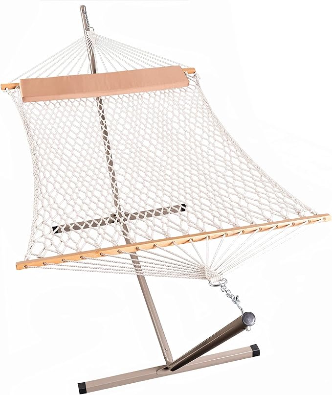 Lazy Daze Hammocks Double Rope Hammock with Stand Include, 12 Feet Traditional Cotton Rope with Pillow for Outside, Backyard, Patio, Garden, Tan Pillow