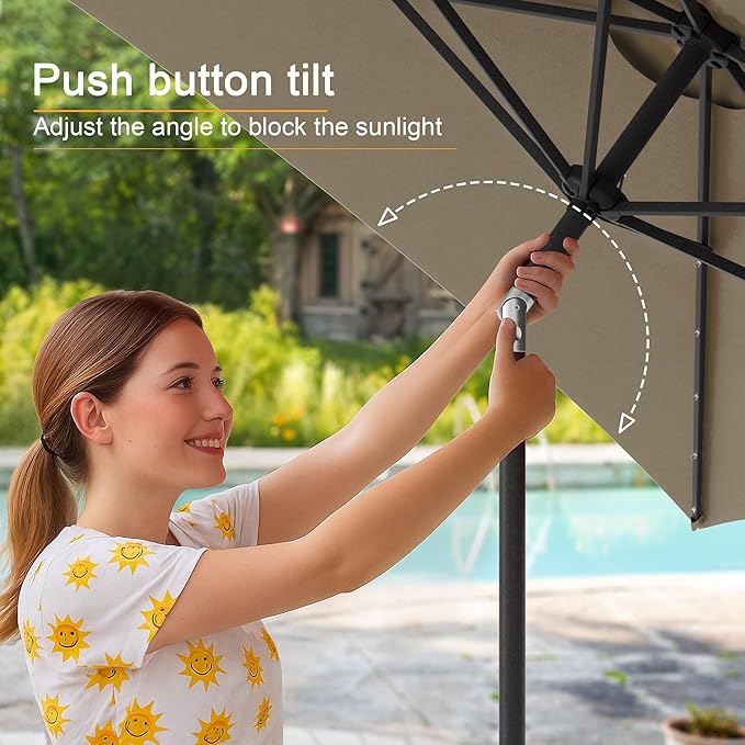 Rectangle Patio Umbrella with Solar Lights, 6x9ft Outdoor Rectangular Table Market Umbrella Patio with Push Button Tilt and Crank for Pool, Deck, Garden,Backyard