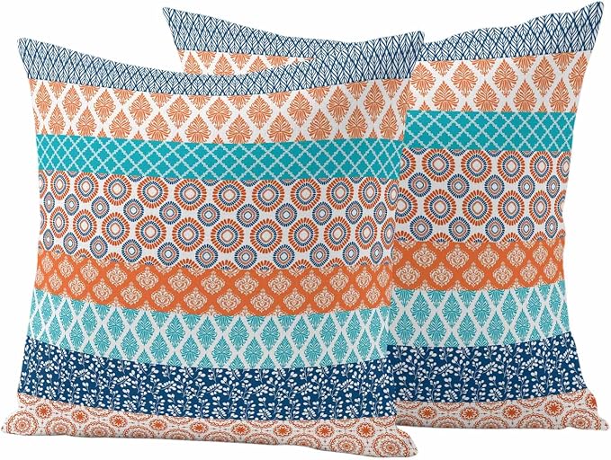 Geometric Bohemia Outdoor Pillow Covers Set of 2 Stripes Orange Turquoise and Blue Waterproof Throw Pillow Cover Decorative Cushion Cases for Patio Porch Garden 18X18 Inch