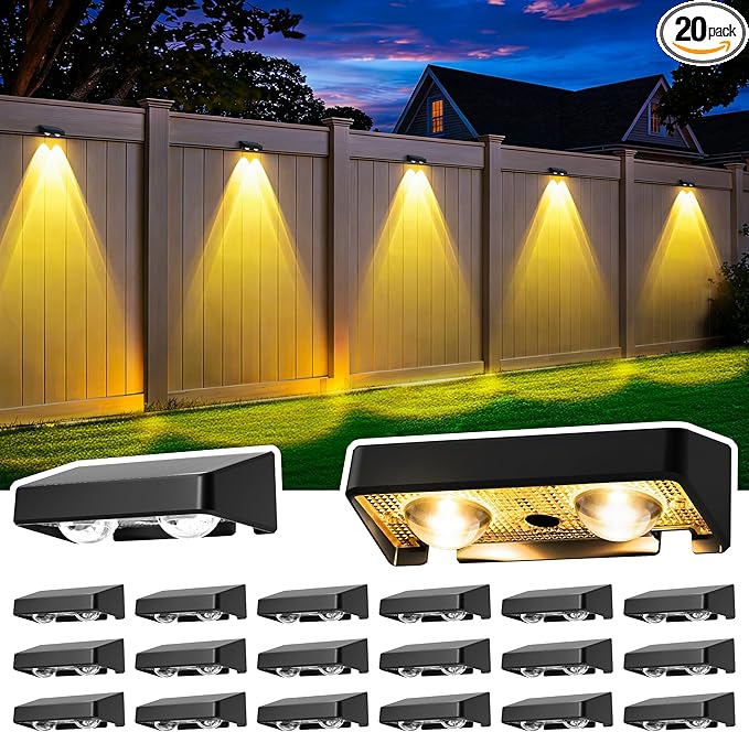 Solar Fence Lights Outdoor,50 LM 11 Modes & 9 Colors Solar Lights with Brighter LED Focus Lens Waterproof IP65 for Wall Backyard Deck Patio Porch Step Railings Pool Decor（20 Pack）