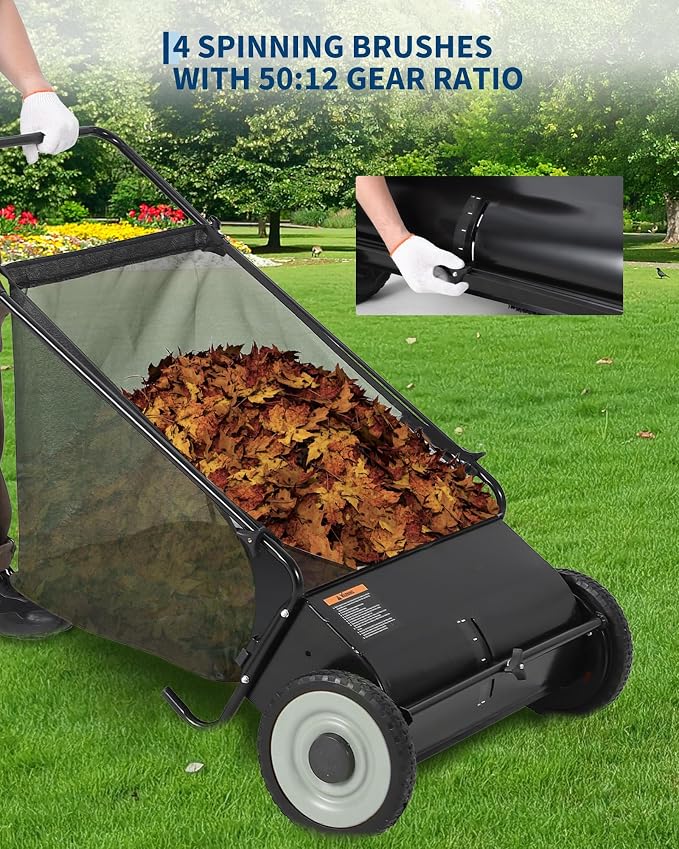 21in & 26in Heavy-Duty Push Lawn Sweeper - 4 Spinning Brushes, 3.5/7Cu. ft. Capacity, Adjustable Height for Grass, Leaves & Debris on All Terrains