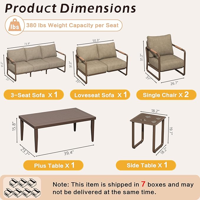 Aluminum Outdoor Patio Furniture Set, 6-Piece Conversation Sofa Set with Coffee Table, Thick Cushions & All-Weather Aluminum Frame, Modern Garden Seating for Backyard, Poolside, or Porch – Brown