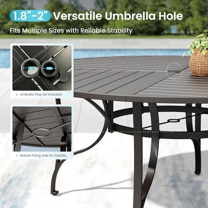 PHI VILLA Outdoor Dining Set for 8, Round Patio Table and Chairs Set, 9 Piece Patio Furniture Set with Metal Table & Textilene Chairs for Deck Garden Yard