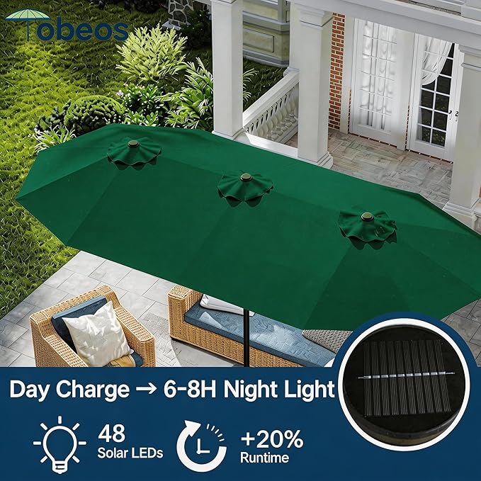Large Patio Umbrella with Solar Lights and Base, Double-Sided Outdoor Rectangle Umbrella with 48 LED Lights, Market Table Umbrellas with UV Resistant Canopy