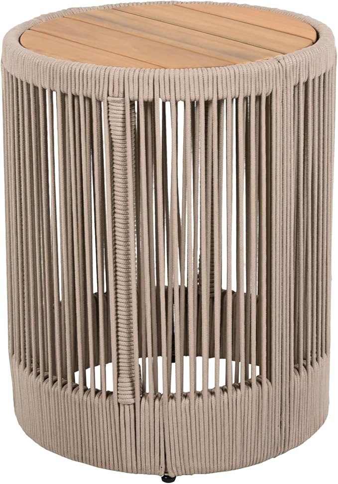 Outdoor Side Table, Round Acacia Wood Top, Beige Rope