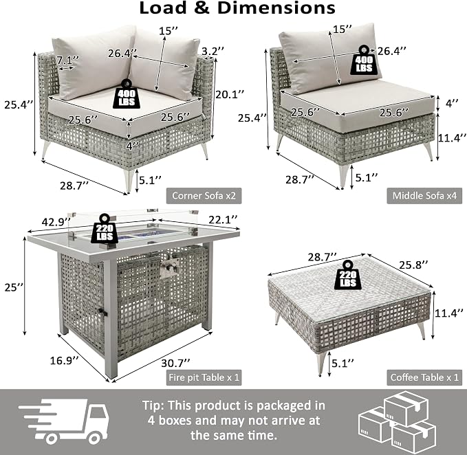 VilroCaz 8-Piece Outdoor Patio Furniture Set, Wicker Sectional Sofa wThick Seat Cushions, All-Weather Conversation Sofa Sets with Coffee Table for Outdoor Couch, Porch, Backyard (Grey-8C)