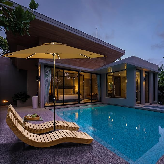Midtown Umbrellas The LED Swilt 10 Feet Patio Umbrella With Terylast Sand (Tan) Polyester Fabric - Auto-Tilt Aluminum Frame With LED Lights For Backyard, Deck, Garden, Pool - Black Pole