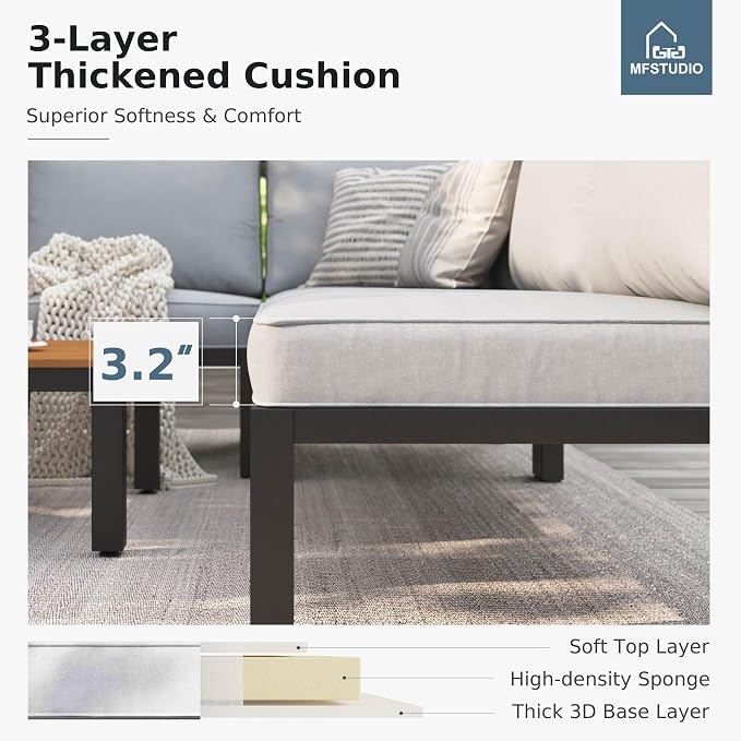 MFSTUDIO 4 Pieces Outdoor Sectional with Cushion, Metal L-Shaped Outdoor Patio Furniture Set with Side Table, Modular Patio Conversation Set, Modern Backyard Furniture for Deck,Garden
