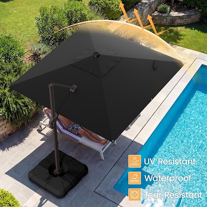 HASLE OUTFITTERS 10x10 FT Patio Cantilever Umbrella with Base, Outdoor Offset Large Heavy Duty Umbrellas with 360° Rotation for Pool Garden Deck，Black