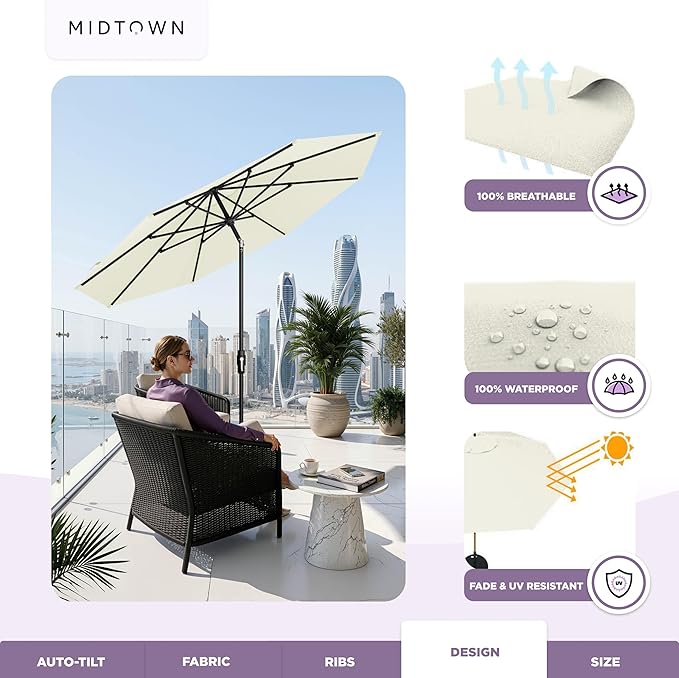 Midtown Umbrellas – The Swilt 9 Ft Patio Umbrella with 360° Swivel & Tilt Mechanism, Sunbrella Fabric & 8 Fiberglass Ribs – Outdoor Umbrella for Deck, Pool & Cafes – Canvas Natural Canopy, Black Pole