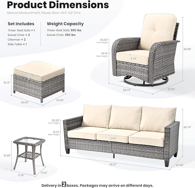ovios 6 Pieces Patio Furniture Set, Outdoor Wicker Sofa Couch with Rocking Swivel Chairs Comfy Cushions, Modern Deep Seat Rattan Conversation Sets for Deck Porch, Beige