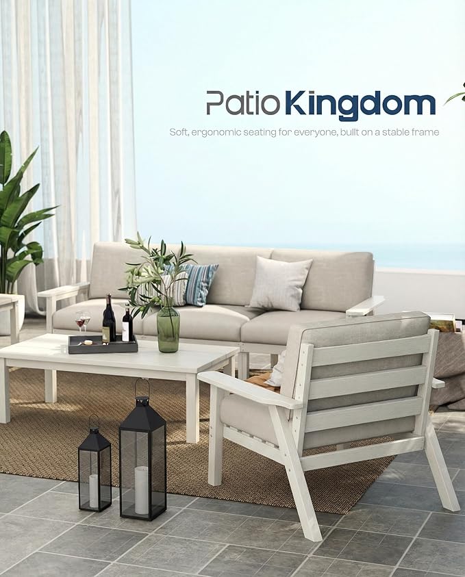 Patio Furniture Set with Washable Thick Beige Cushions, HDPE Outdoor Couch, All-Weather Outdoor Sectional Furniture, Patio Conversation Sets for Lawn, Garden, Porch (White Frame)