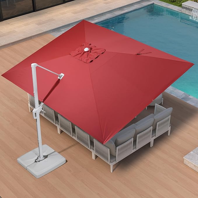PURPLE LEAF 10' × 13' Patio Umbrella White Cantilever Umbrella Aluminum Square Outdoor Offset Umbrella Hanging Windproof with 360° Rotation for Garden Deck Pool, Red