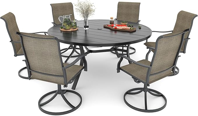 Anmutig 7 Piece Outdoor Larger Round Table and Chairs Set Suit for 6-8 Person with 54 inch Patio Table, 6 Tan Grey Textilene Retro Armrest Swivel Rocker Chairs - Style1