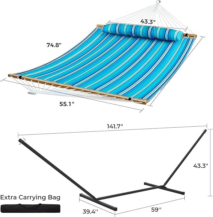 SUPERJARE Hammock with Stand, 2 Person Quilted Outdoor Hammock, Detachable Pillow & Bamboo Spreaders, Portable Hammock with Carrying Bag, Heavy Duty Stand, Perfect for Outside, Patio, Aqua Blue