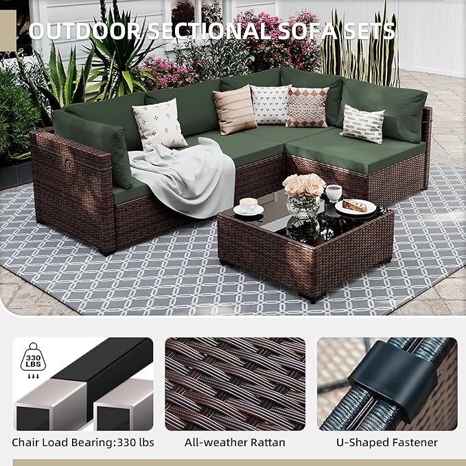 UPHA 5 Pieces Patio Furniture Sets, Wicker Outdoor Sectional Sofa Couch with Coffee Table, Patio Conversation Set for Deck Backyard Garden, Brown Rattan, Pine Green Cushion