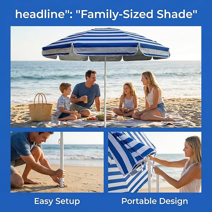 LOTTAFUN 6ft Beach Umbrella - Heavy Duty Wind Resistant UV 50+ Portable Sun Shade with Sand Anchor & Carry Bag, Outdoor Folding Umbrella for Beach, Pool, Patio, Garden (Blue strip) No Tilt The sand needs to exceed the spiral 6inch