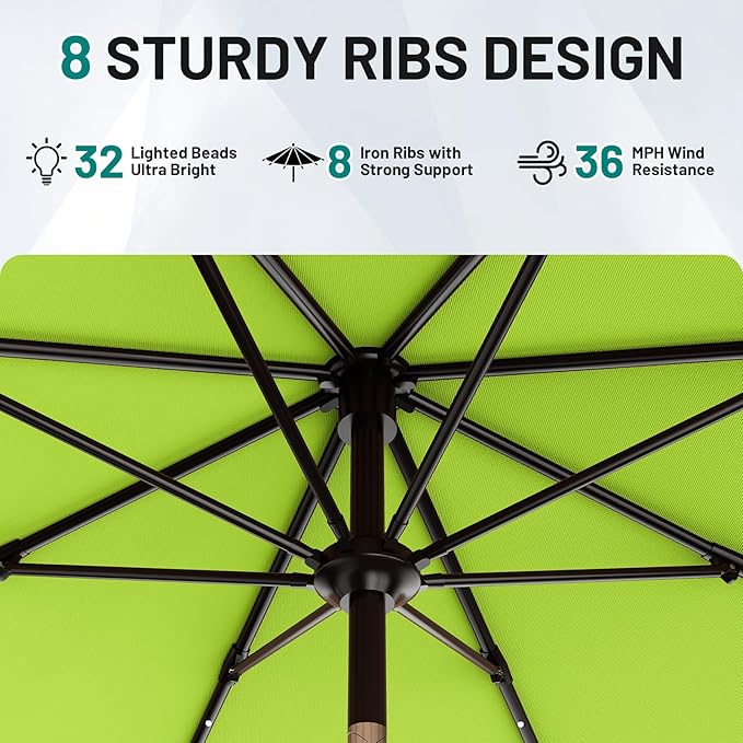 AreShark 11FT Large Patio Umbrella with Solar Lights, Lighted Solar Umbrella with Crank, Outdoor Table Market Umbrellas for Garden, Deck, Backyard, Pool and Beach, Apple Green