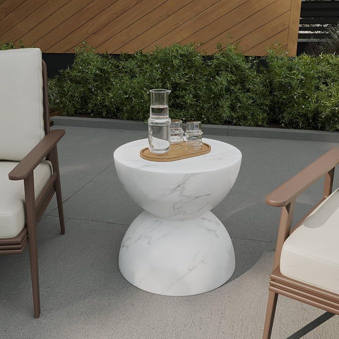 LeisureMod Minimalist Side Table, Fiber Stone Round Hourglass Accent End Table Stool for Outdoor Patio, Indoor Home, Living Room Sofa, Weather-Resistant, Sage Series in Marble White