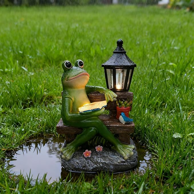 Reading Frog Solar Garden Statue with Lantern Light - Outdoor Decorative Resin Sculpture, Weather-Resistant LED Solar Figurine, for Yard, Patio, Garden Path, Porch Ambience Lighting Decor