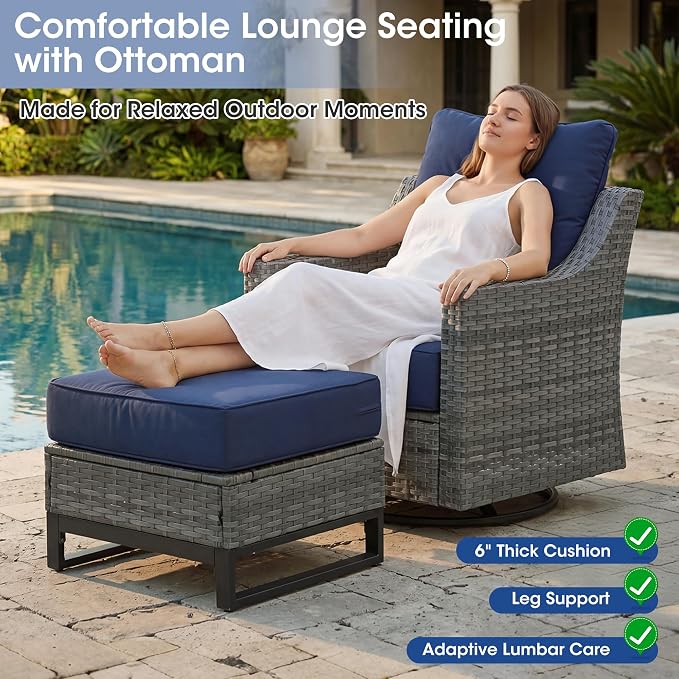 3 Piece Patio Furniture Set, Grey Wicker Outdoor Conversation Set with 2 Wicker Chairs and Side Table, 6-Inch Thick Cushions, High Back Seating, Blue Olefin Covers for Porch, Deck